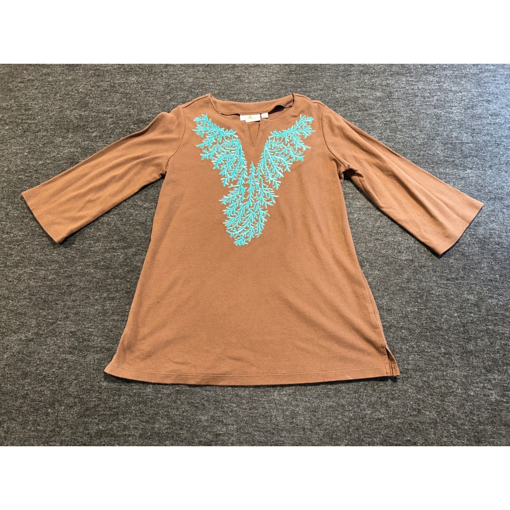 Quacker Factory Tunic Women Small Brown Embroidered Notched Neck 3/4 Sleeve